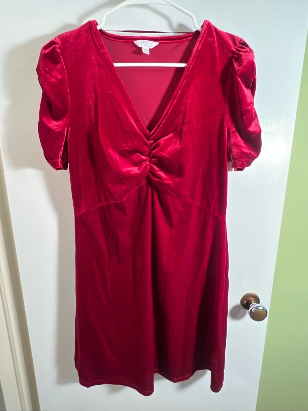 Time and Tru Womens Size Medium 8-10 V-Neck Puff Sleeve Velvet Velour Mini Dress